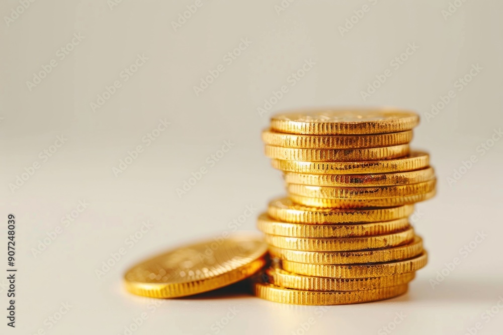 A stack of golden coins piled high on top of each other, shiny and new A stack of golden coins piled high on top of each other, shiny and new