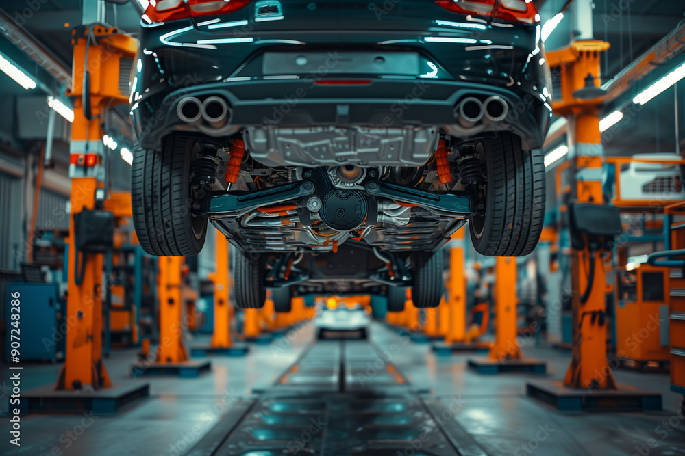 The bottom view of the car is lifted by hydraulics for maintenance in a modern workshop The bottom view of the car is lifted by hydraulics for maintenance in a modern workshop