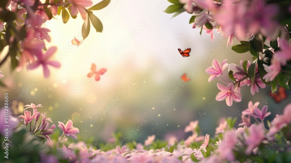 Enchanting Spring Garden with Blooming Pink Flowers and Butterflies in Soft Morning Light Enchanting Spring Garden with Blooming Pink Flowers and Butterflies in Soft Morning Light