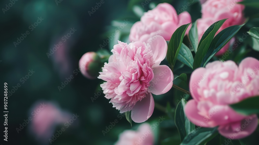 Close-up of Beautiful Pink Peonies in Full Bloom with Lush Green Foliage in a Garden Setting Close-up of Beautiful Pink Peonies in Full Bloom with Lush Green Foliage in a Garden Setting