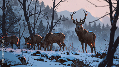 illustration of a deer in the wild with a snow background.winter theme photo