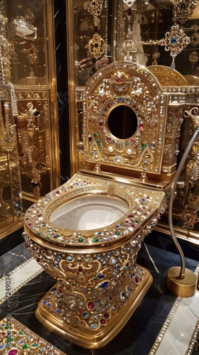 Luxurious Golden Toilet in Lavish Room with Matching Seat and Cover, opulent bathroom decor in extravagant gold theme photo