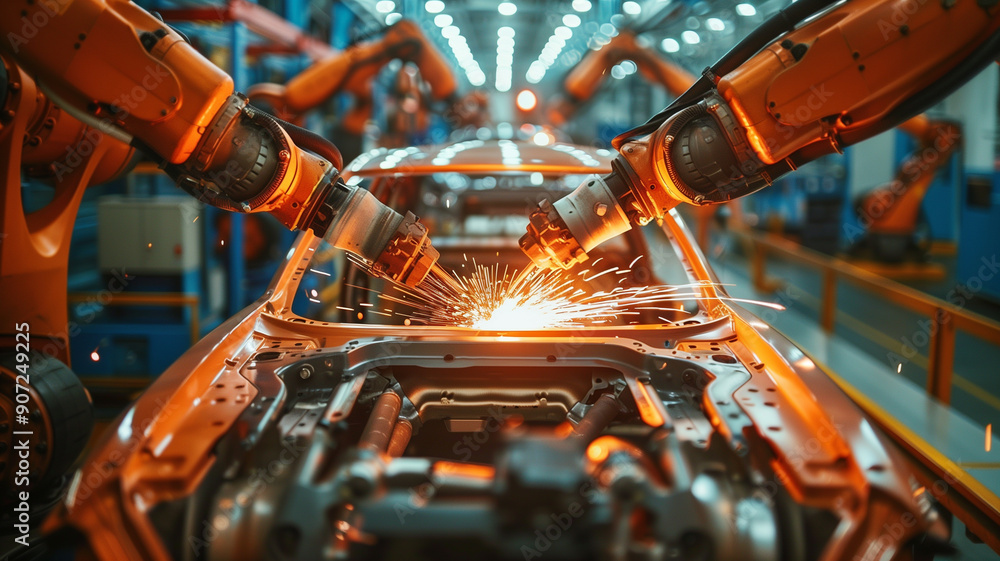 Fototapeta premium Automated robot arm with sparks while welding car body on industrial assembly line d