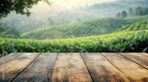 Wooden Tabletop Against a Backdrop of Lush Green Tea Plantation