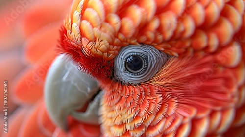 A close up of a red and orange parrot with a blue eye photo