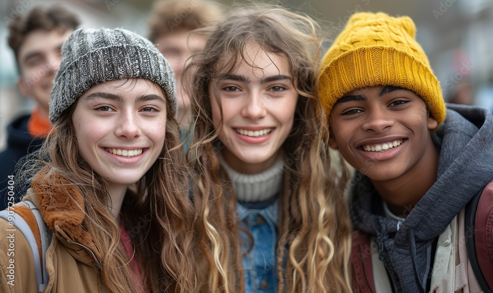 Obraz premium Multicultural young people sharing laughs and standing together outdoors on a city street, showcasing a joyful college campus atmosphere.