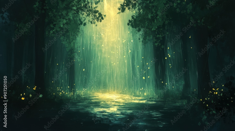 Enchanted Rain-soaked Mystical Forest Digital Painting with Ethereal Light Enchanted Rain-soaked Mystical Forest Digital Painting with Ethereal Light