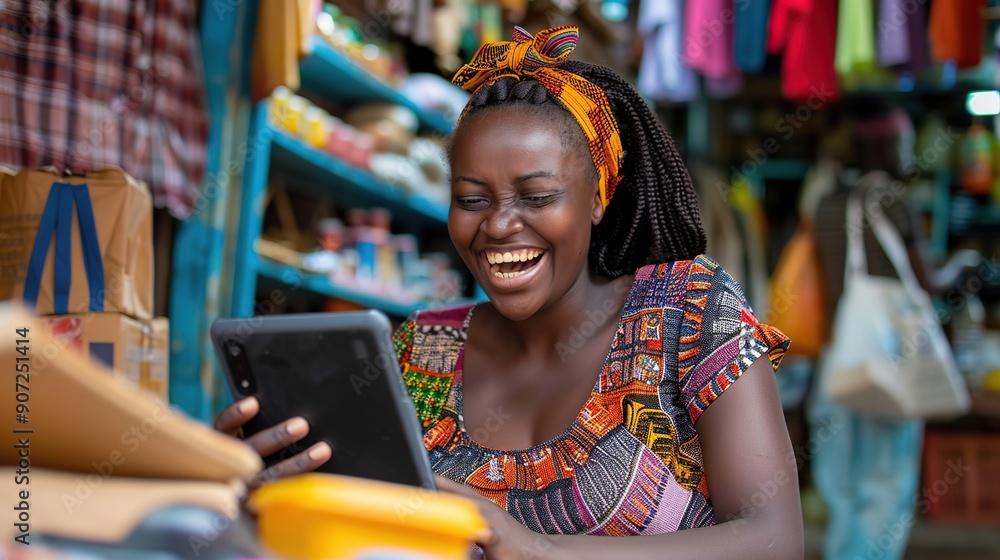 African Owner SME Small and Medium Enterprises woman seller happy and excited for selling new products and receiving the orders from customer via smartphone and laptop. African Owner SME Small and Medium Enterprises woman seller happy and excited for selling new products and receiving the orders from customer via smartphone and laptop.