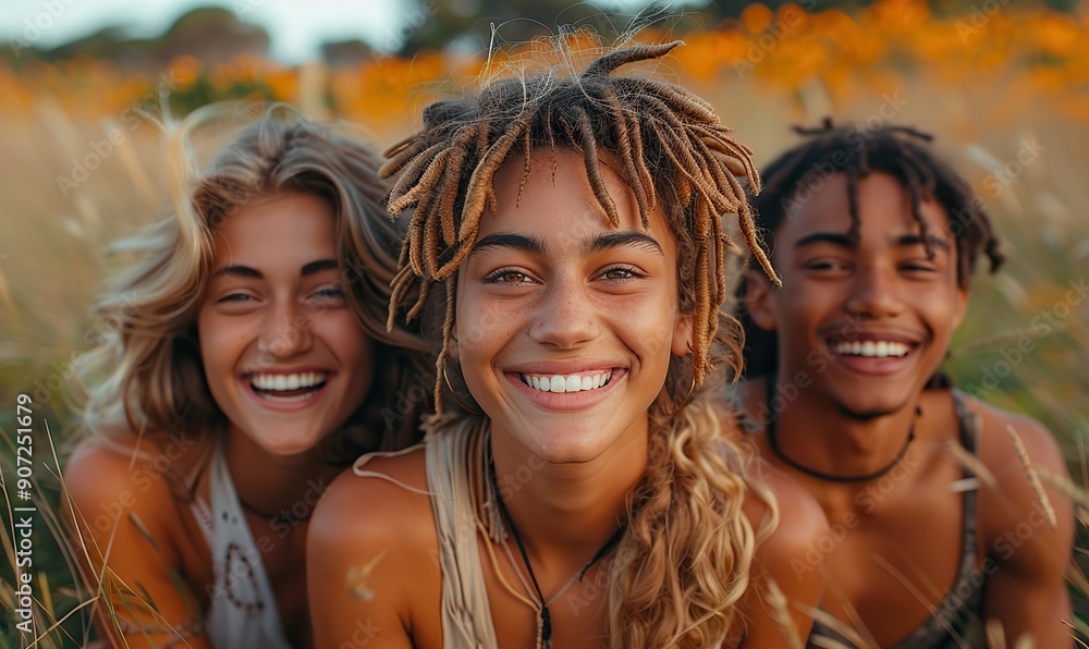 Multiracial friends lounging on the grass, laughing and enjoying each other's company outdoors, embodying friendship and vacation bliss. Multiracial friends lounging on the grass, laughing and enjoying each other's company outdoors, embodying friendship and vacation bliss.