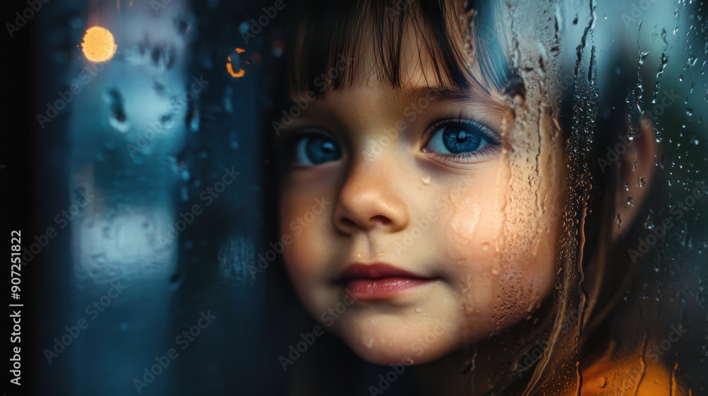 Young Child Watching Raindrops on Window Glass with Curiosity and Wonder Young Child Watching Raindrops on Window Glass with Curiosity and Wonder