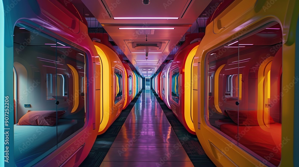 Fototapeta premium Colorful modern capsule hotel with vibrant sleeping pods in a sleek hallway, offering a futuristic and unique lodging experience. copy space for text.