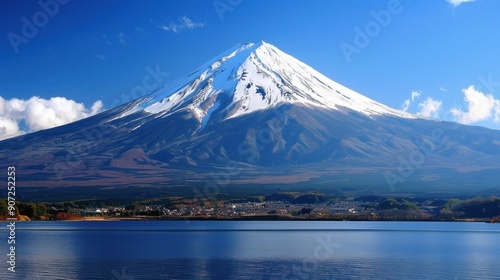 A mountain with snow on top and a lake in the background