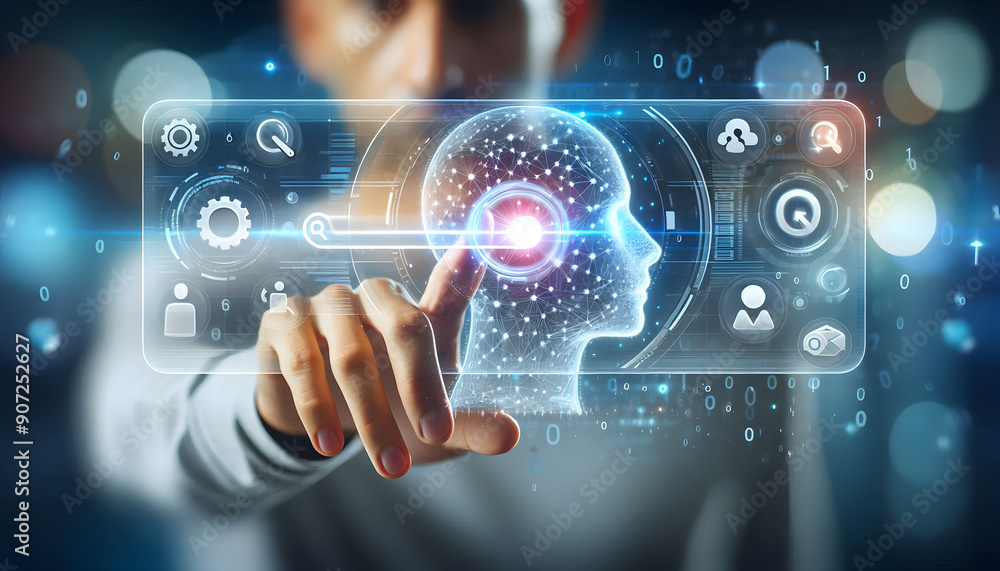 People are interacting with a futuristic search bar that's been revamped with digital icons and holographic heads. People are interacting with a futuristic search bar that's been revamped with digital icons and holographic heads.