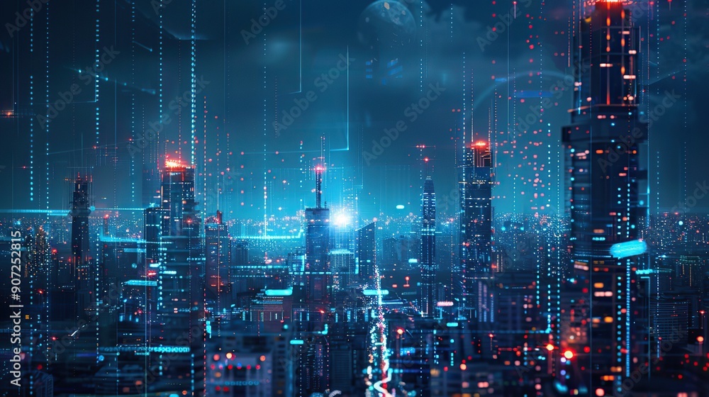 Futuristic cityscape with glowing lights, showcasing modern smart city infrastructure at night, highlighting advanced technology and urban design. copy space for text. Futuristic cityscape with glowing lights, showcasing modern smart city infrastructure at night, highlighting advanced technology and urban design. copy space for text.