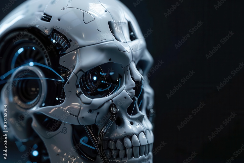 Futuristic cybernetic skull with intricate mechanical details and glowing elements, showcasing advanced technology and artificial intelligence. Futuristic cybernetic skull with intricate mechanical details and glowing elements, showcasing advanced technology and artificial intelligence.