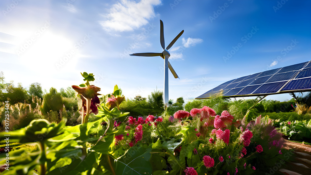 A community garden with a wind turbine providing renewable energy A community garden with a wind turbine providing renewable energy