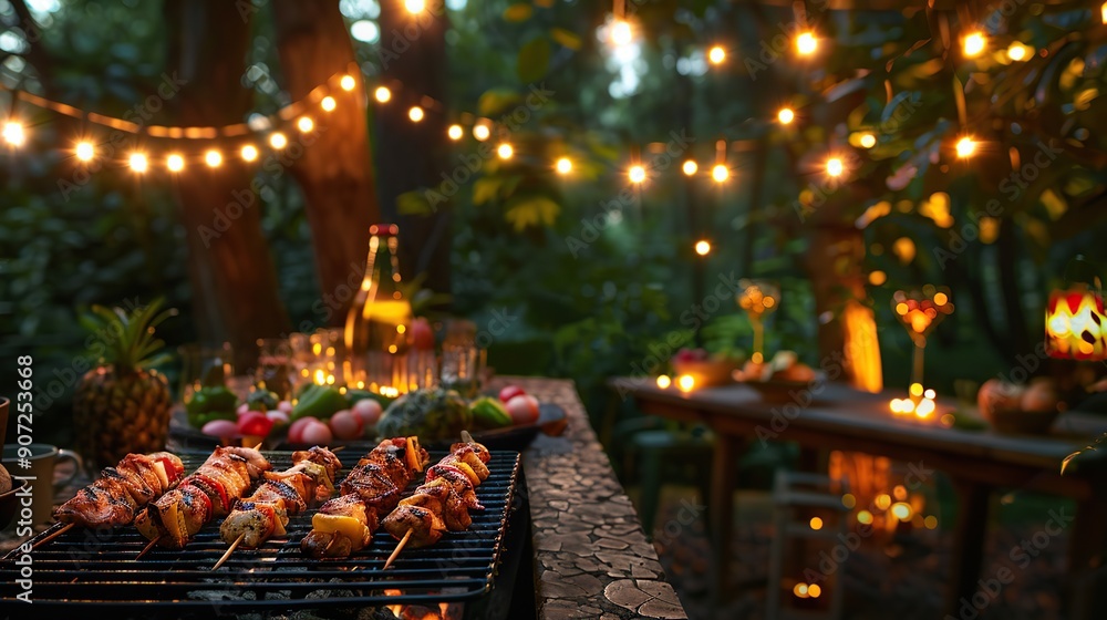 Outdoor backyard barbecue with grilled chicken skewers, surrounded by festive string lights and nature, perfect for a summer party evening. copy space for text. Outdoor backyard barbecue with grilled chicken skewers, surrounded by festive string lights and nature, perfect for a summer party evening. copy space for text.