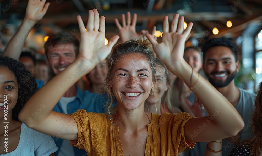 Obraz premium A diverse team of colleagues is celebrating a coworker's business success in a shared office, smiling and raising their hands for the camera.