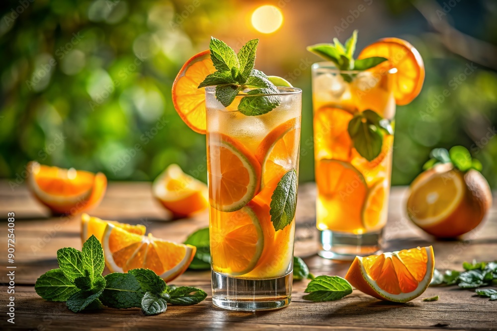 Vibrant orange slices and mint leaves garnish a refreshing citrus cocktail served over ice in a tall glass, set against a warm outdoor background. Vibrant orange slices and mint leaves garnish a refreshing citrus cocktail served over ice in a tall glass, set against a warm outdoor background.