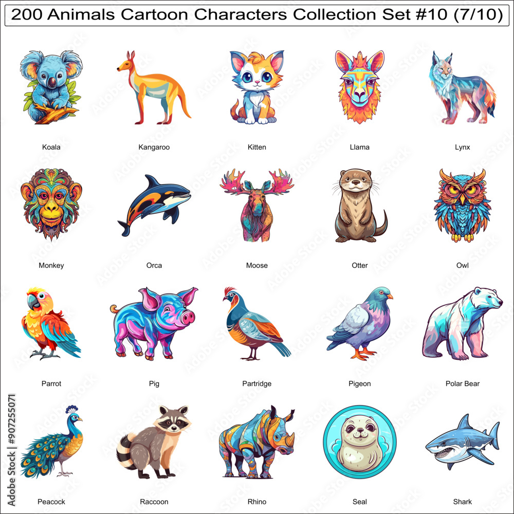 Obraz premium Cute Cartoon Characters Animal Bundle Collection Set of 200 Animals Part 7