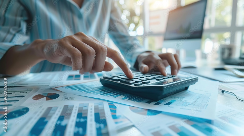 Close-Up of Hands Using a Calculator for Business Analysis Close-Up of Hands Using a Calculator for Business Analysis