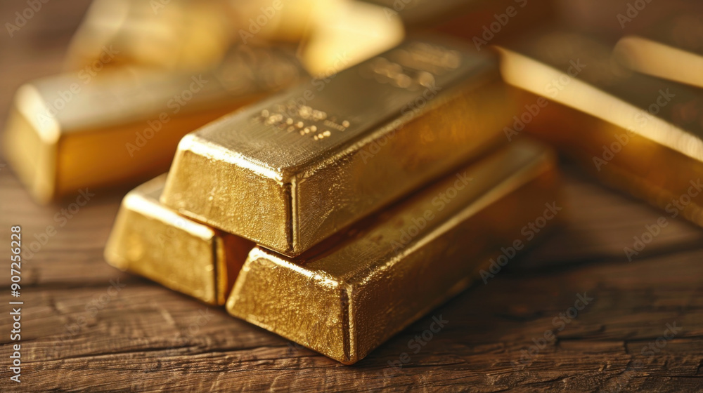 Close-up of gold bars stacked on a wooden surface, showcasing wealth, investment, and financial security. Close-up of gold bars stacked on a wooden surface, showcasing wealth, investment, and financial security.