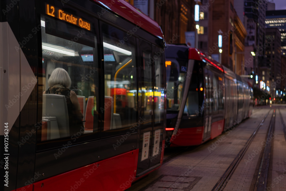 Fototapeta premium Light rail tram Sydney Australia to Circular Quay nighttime transport