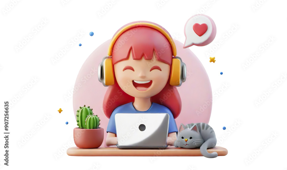 A girl is sitting at a desk with a laptop and a cat A girl is sitting at a desk with a laptop and a cat