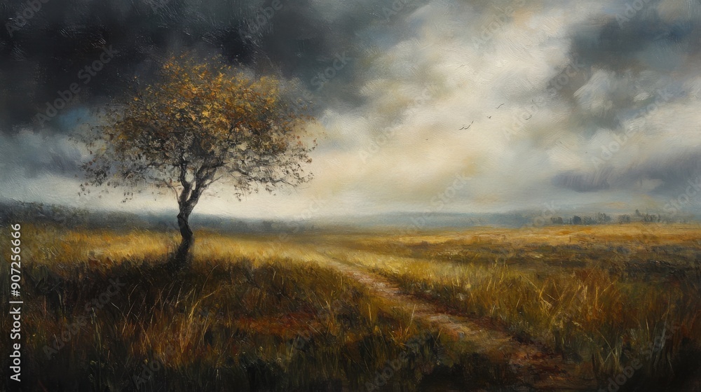 Tranquil Rainy Countryside: Serene Oil Painting of Lone Tree in Field Tranquil Rainy Countryside: Serene Oil Painting of Lone Tree in Field
