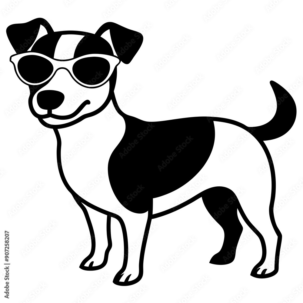 Fototapeta premium Dog with sunglasses, dog vector illustration, pet vector art, dogs silhouette, animal vector icon, eps, A Jack Russell terrier dog wearing sunglasses