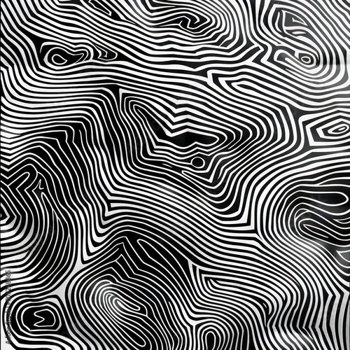 An artful topographic map with precise black lines on a clean white canvas, forming an intricate and mesmerizing pattern, evoking natural landscapes and elevation.