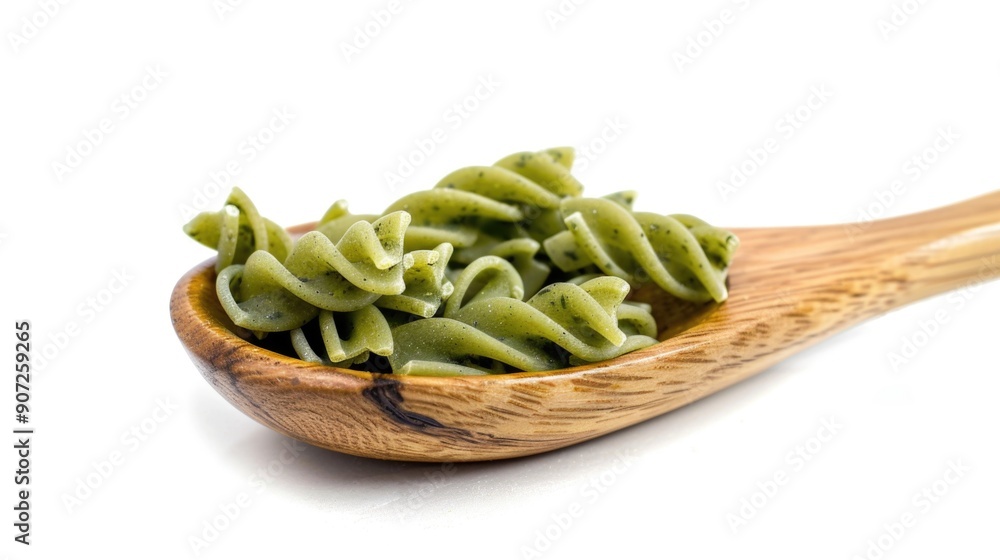 A wooden spoon filled with green pasta on a white surface