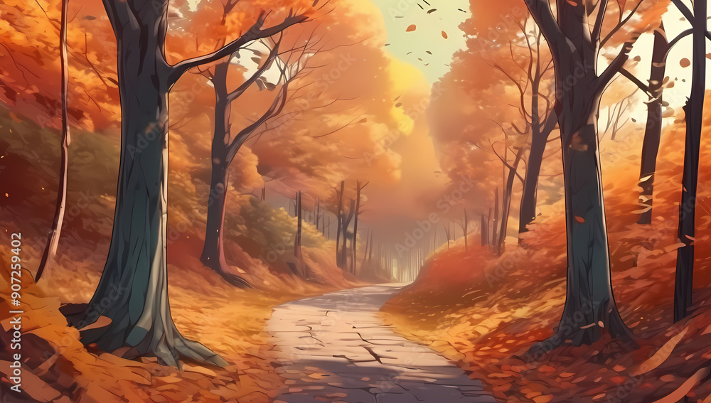 Fototapeta premium anime cartoon forest road fall autumn changing leaves foliage orange background wallpaper room for copy