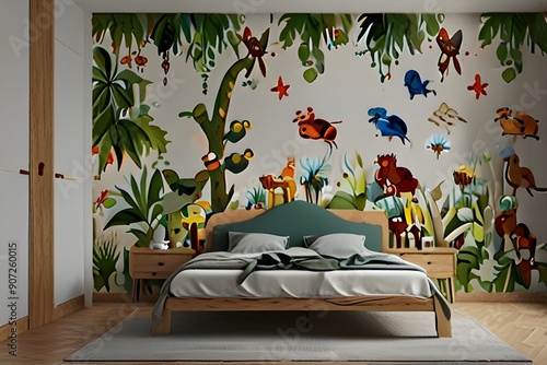 Children's bedroom wall wallpaper is decorated with natural paintings of cute animals and plants. Generative AI