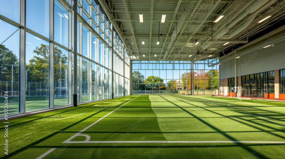 Indoor soccer field with artificial turf, bathed in natural light from large windows, suitable for various sports activities. Indoor soccer field with artificial turf, bathed in natural light from large windows, suitable for various sports activities.