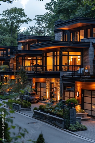 Modern townhouses, treelined street, evening lighting, cozy neighborhood