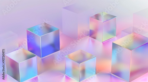 A minimalist design featuring smooth, transparent cubes against a holographic background, creating an ethereal and modern atmosphere.