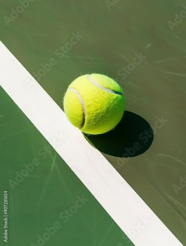 A yellow tennis ball rests on a vibrant green court, captured from a top-angle perspective, showcasing its smooth surface against the textured background. photo