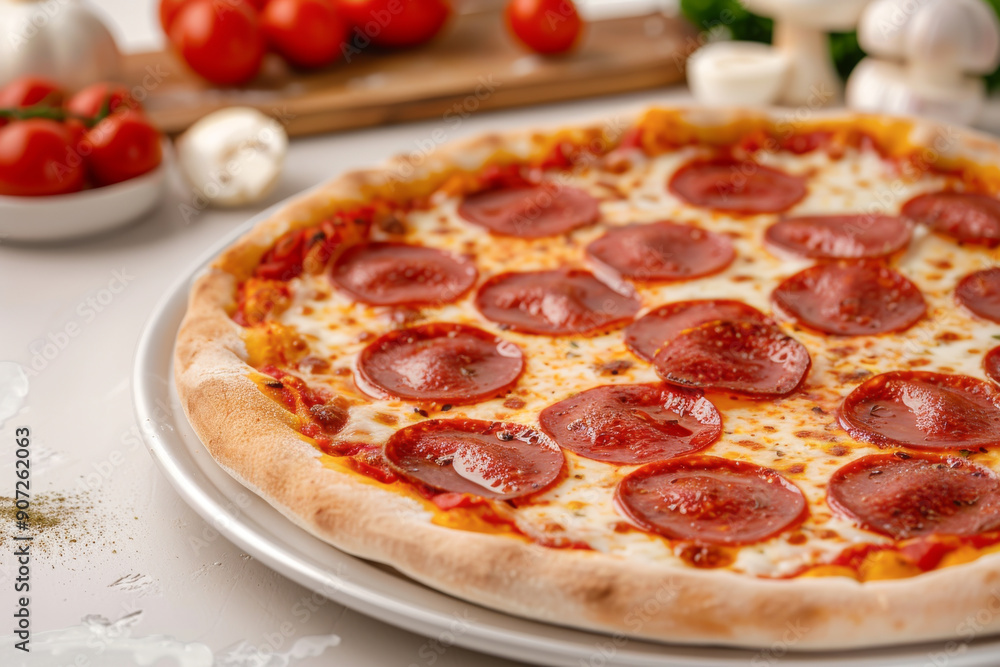 Delicious pepperoni pizza on a plate, topped with fresh cheese and savory meat, perfect for any meal or celebration. Delicious pepperoni pizza on a plate, topped with fresh cheese and savory meat, perfect for any meal or celebration.