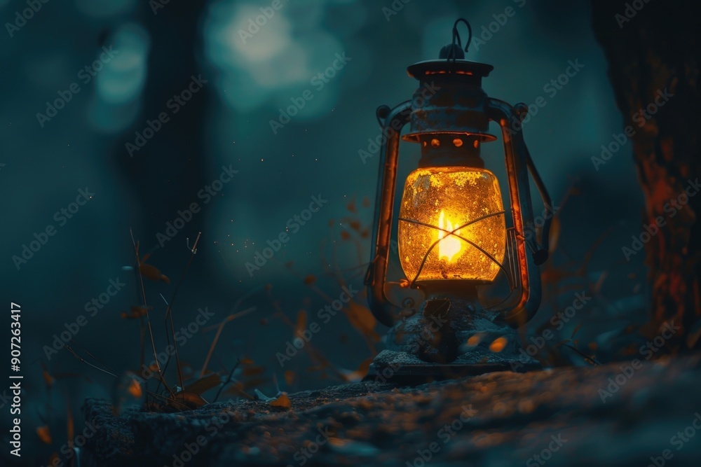 A lantern is lit up in the darkness of the woods A lantern is lit up in the darkness of the woods