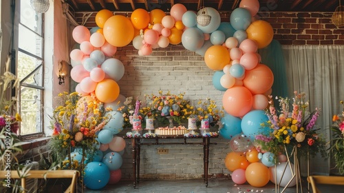 Colorful Birthday Ceremony Decoration With Balloons and Flowers in a Cozy Venue. Generative AI