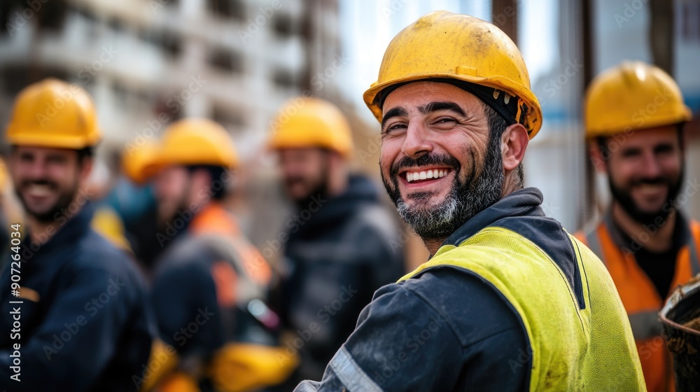 A group of smiling construction workers wearing uniforms A group of smiling construction workers wearing uniforms