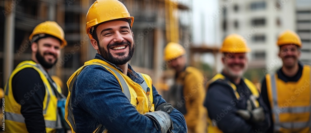 Obraz premium A group of smiling construction workers wearing uniforms