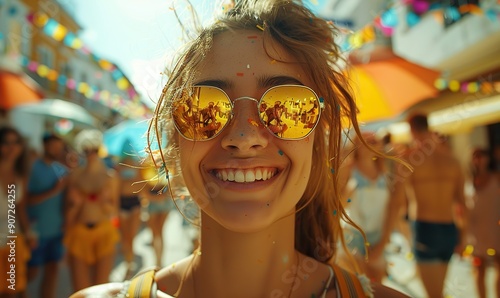 A group of young people laugh and cheer while taking photos with a camera outdoors, celebrating their success and youth on a city street.