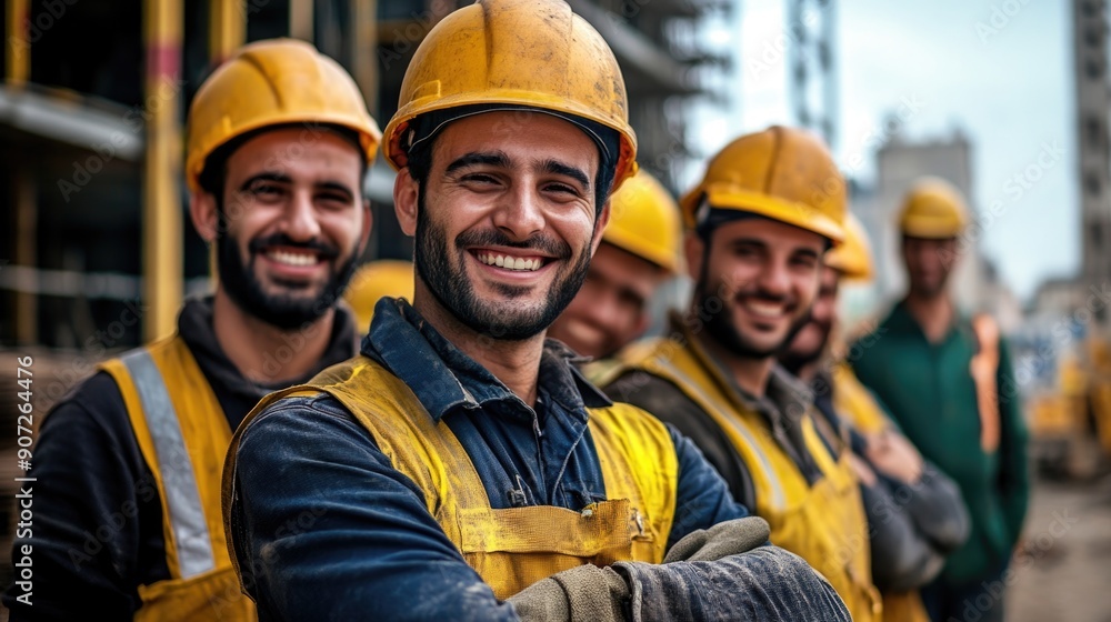 A group of smiling construction workers wearing uniforms A group of smiling construction workers wearing uniforms