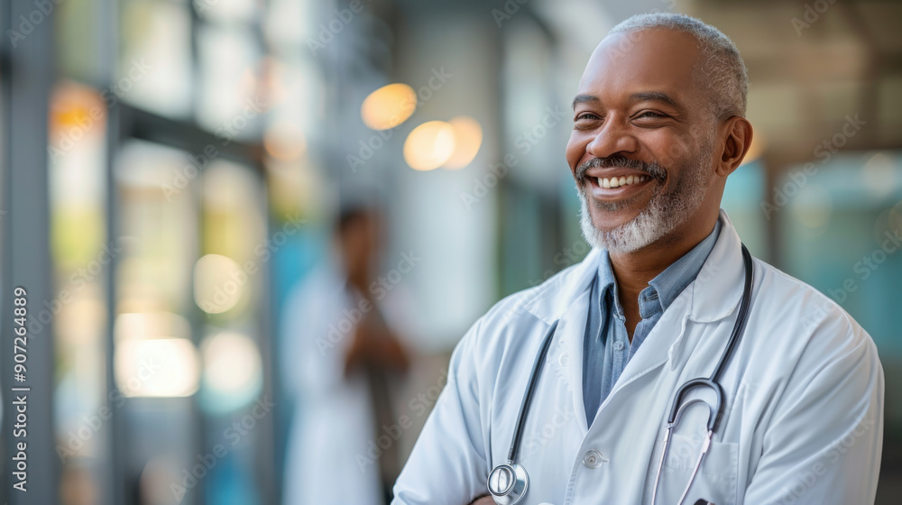 Confident male doctor with stethoscope smiling in a hospital hallway, embodying professionalism and care. Confident male doctor with stethoscope smiling in a hospital hallway, embodying professionalism and care.
