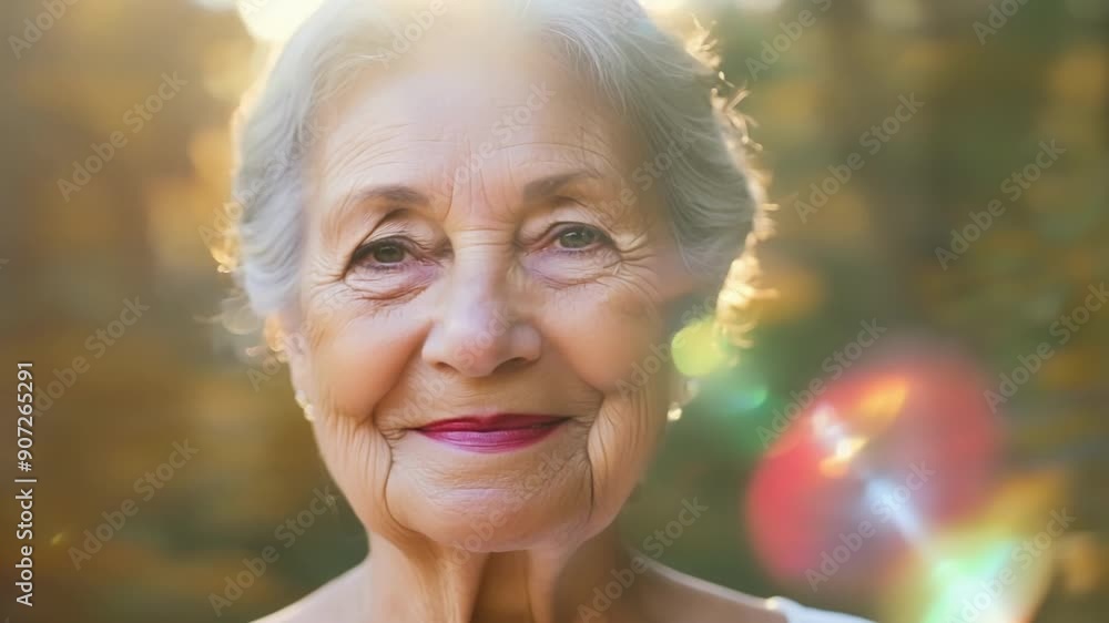 The camera zooms in on the delicate features of an elderly woman her face full of serenity and contentment as she takes in the vibrant hues of the forest foliage behind her. The camera zooms in on the delicate features of an elderly woman her face full of serenity and contentment as she takes in the vibrant hues of the forest foliage behind her.