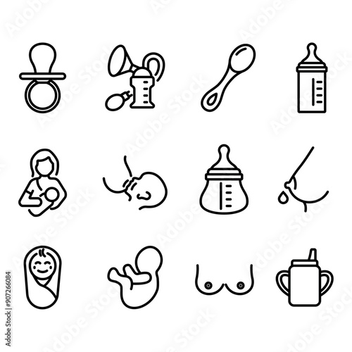 Collection of breastfeeding icons. Vector illustration created in thin line style. Contains icons such as Mother breastfeeding, breast pump, and many more.