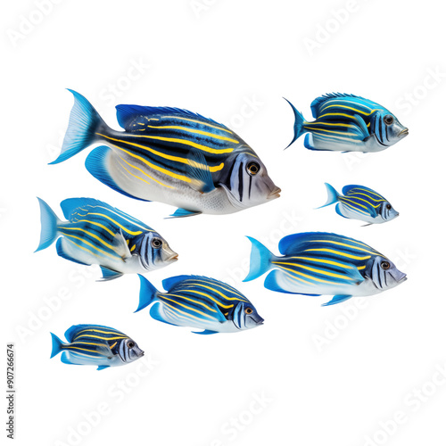 School Of Blue And Yellow Striped Fish Swimming On Transparent Background photo