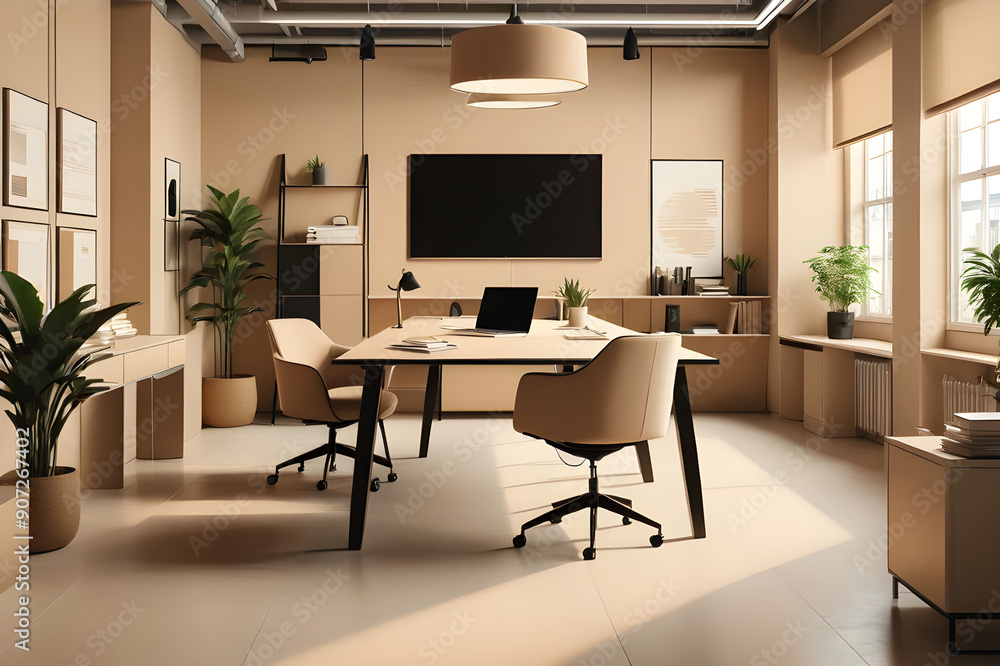 Fototapeta premium modern dining room with table, the inside of a beige-toned company